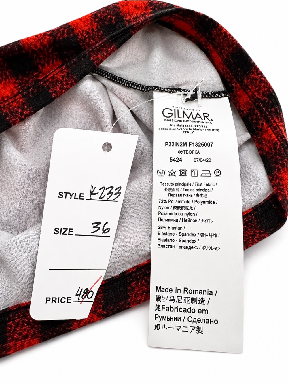 GILMAR Made In Italy Red Black Buffalo Plaid Open Back Turtle Neck Top NWT - Picture 11 of 11